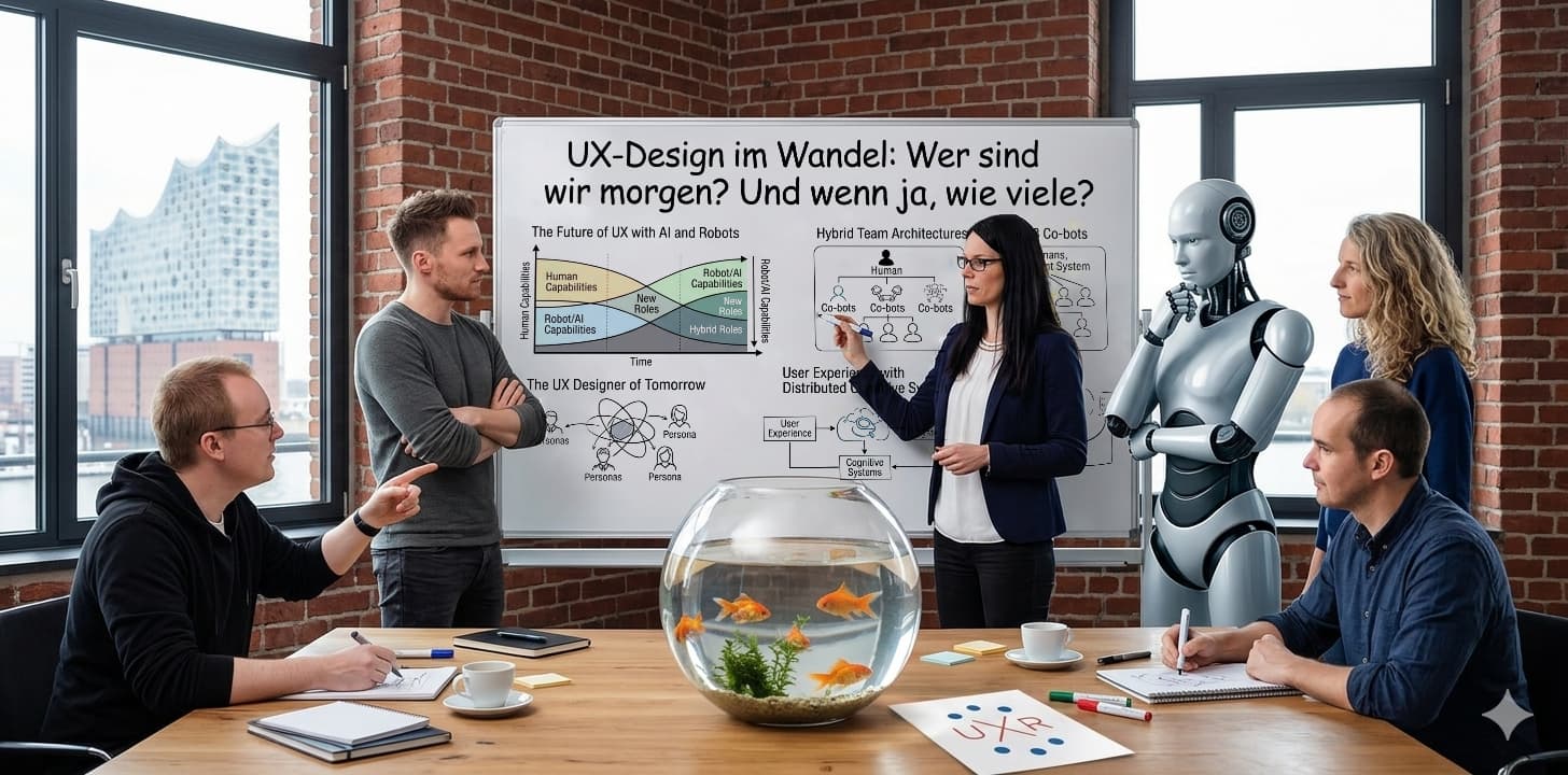 KI-Bild eines Meetings mit 5 Personen und einem Roboter. Auf dem Tisch steht ein kugeliges Aquarium.