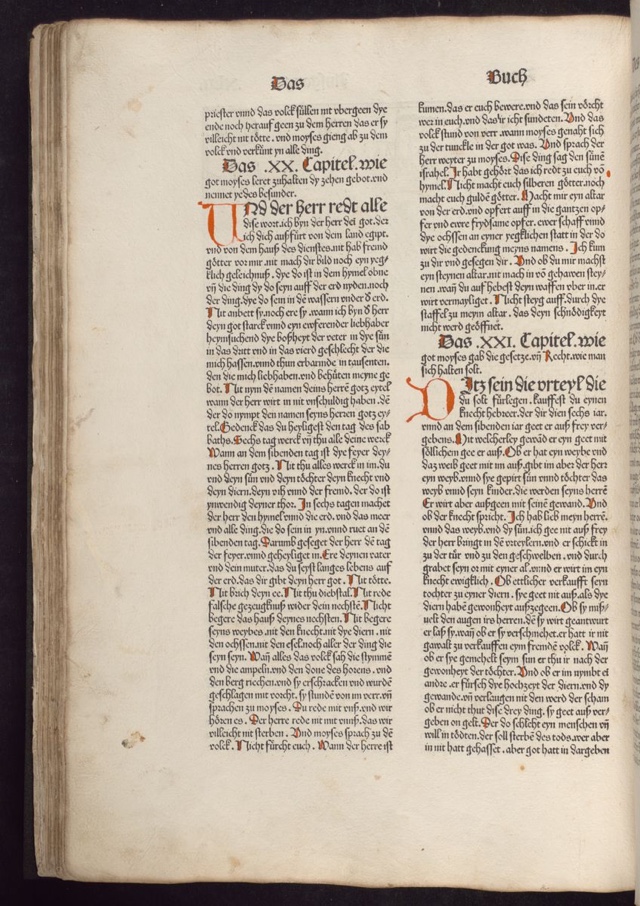 Die 10 Gebote. Das Buch des Ausgangs (2. Buch Mose XX, S. XLII verso) in der Koberger Bibel von 1483
